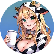 The Milk Maid, smiling, in a cow-print hood.