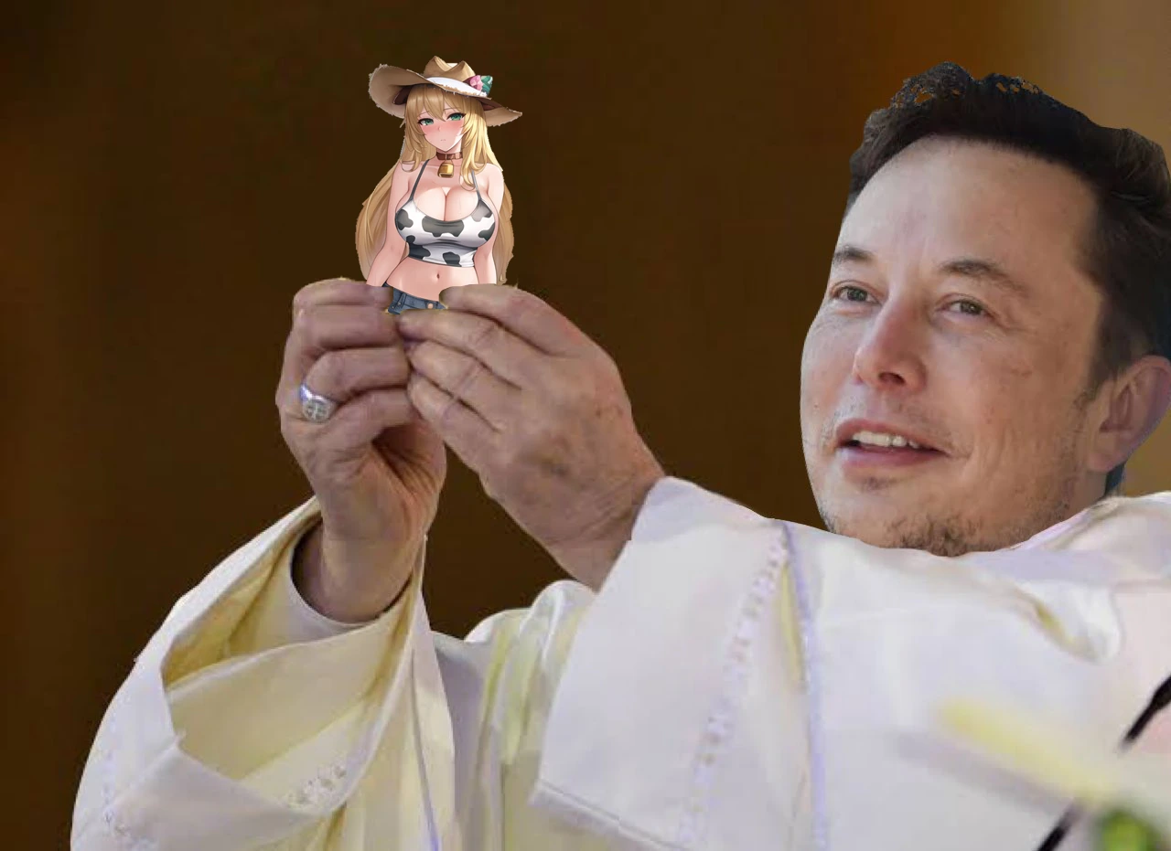 A digitally composited image: a man in white papal robes carefully holding a small figurine of the Milk Maid like a holy relic.