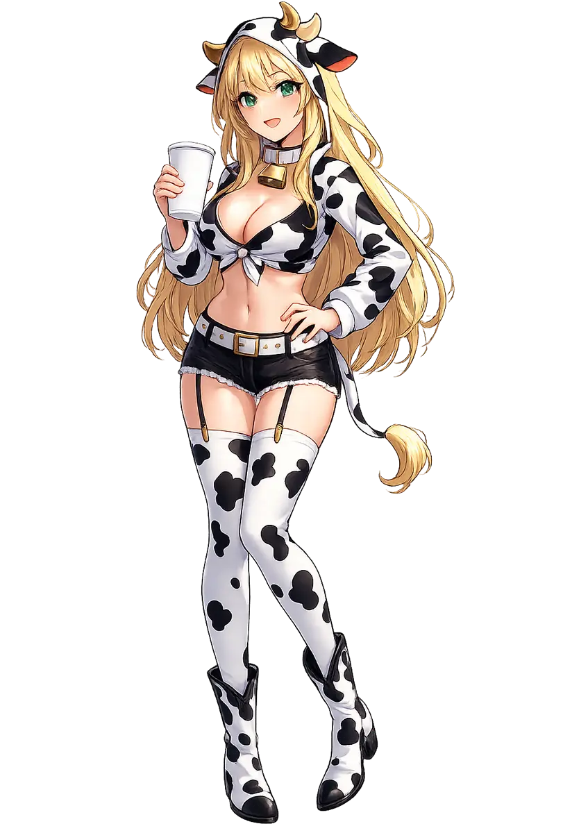 The Milk Maid standing in cow-print stockings, cup raised.